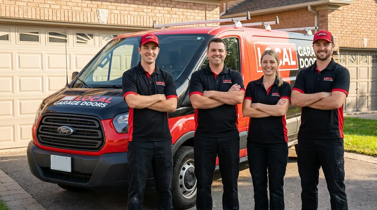The Local Garage Doors technician team in front of their service van